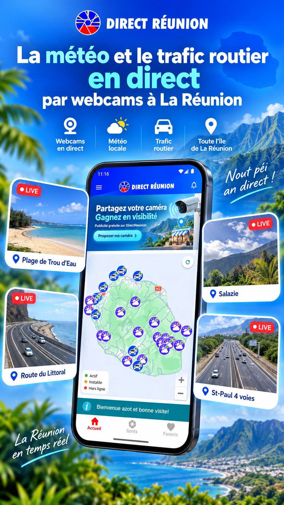 Aperçu de l’accueil Direct Réunion et de sa carte des webcams